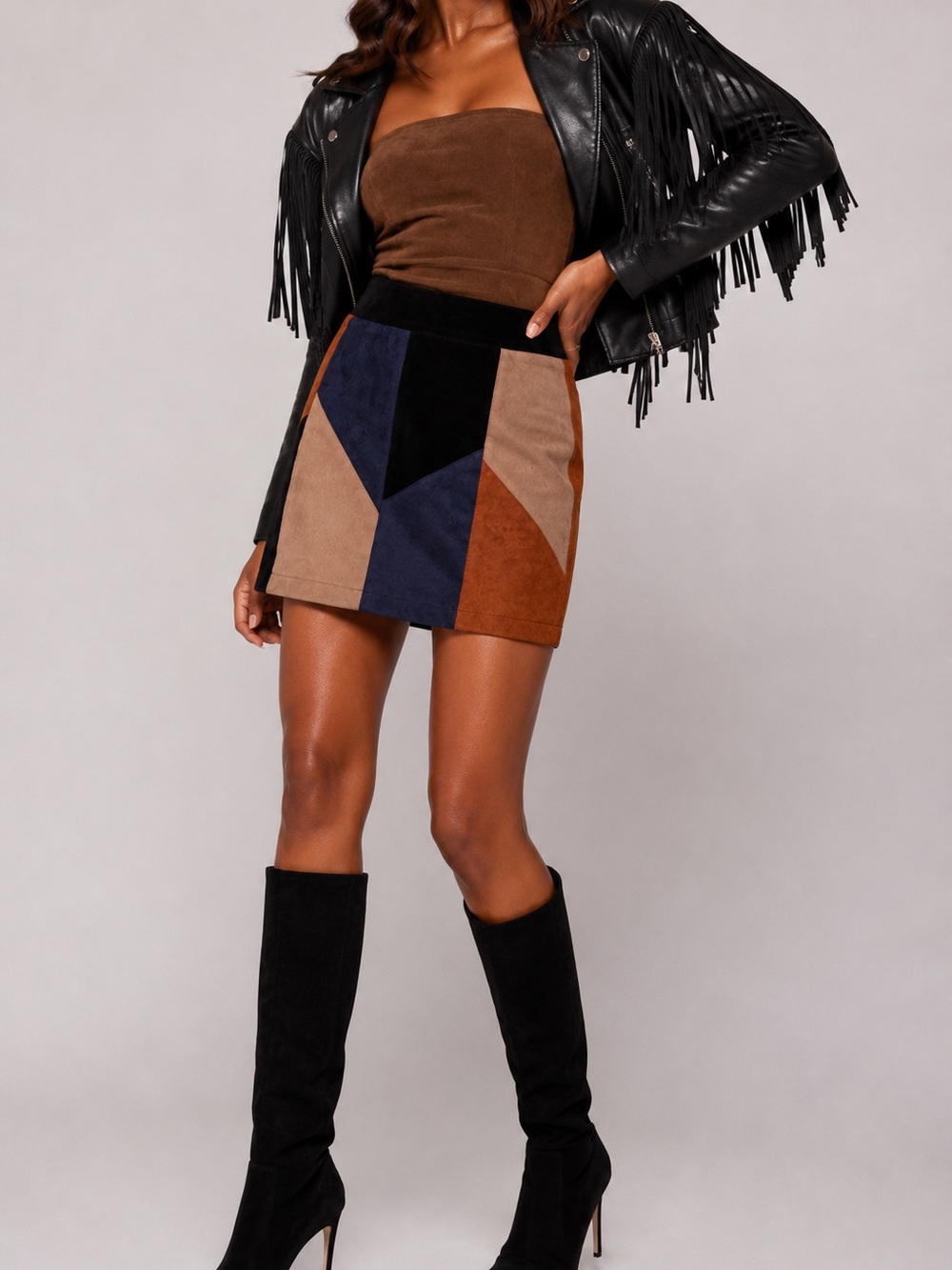 VENUS 70’s RetroPatchwork Suede Mini Skirt - Brown/Blue/Black